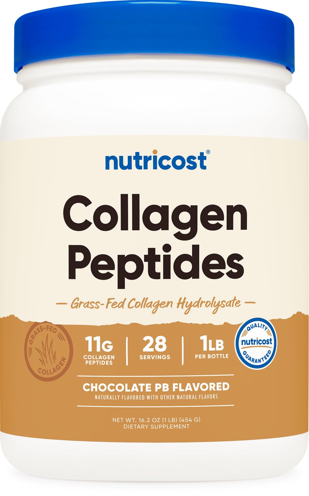 Nutricost collagen peptides bottle front, gluten-free and grass-fed