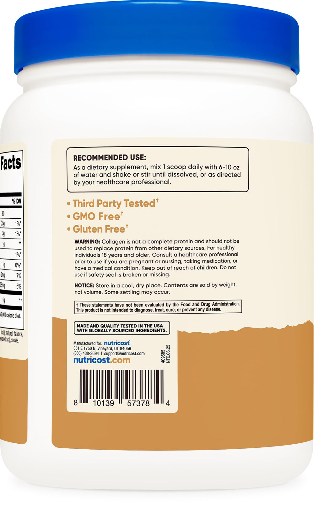 Nutricost collagen peptides label close-up highlighting third-party testing