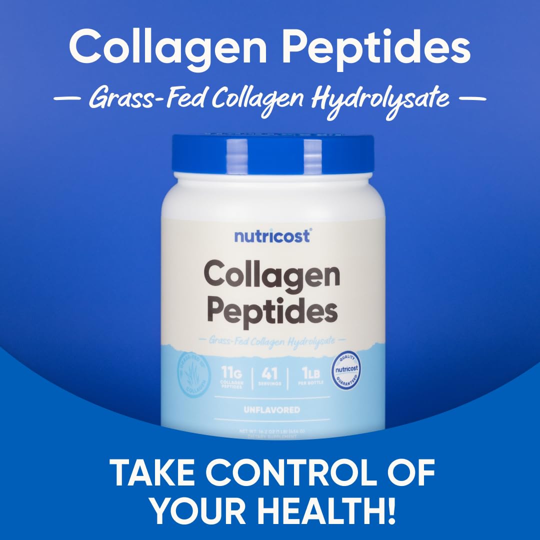 Nutricost collagen peptides powder with glass of juice shows simple integration into drinks