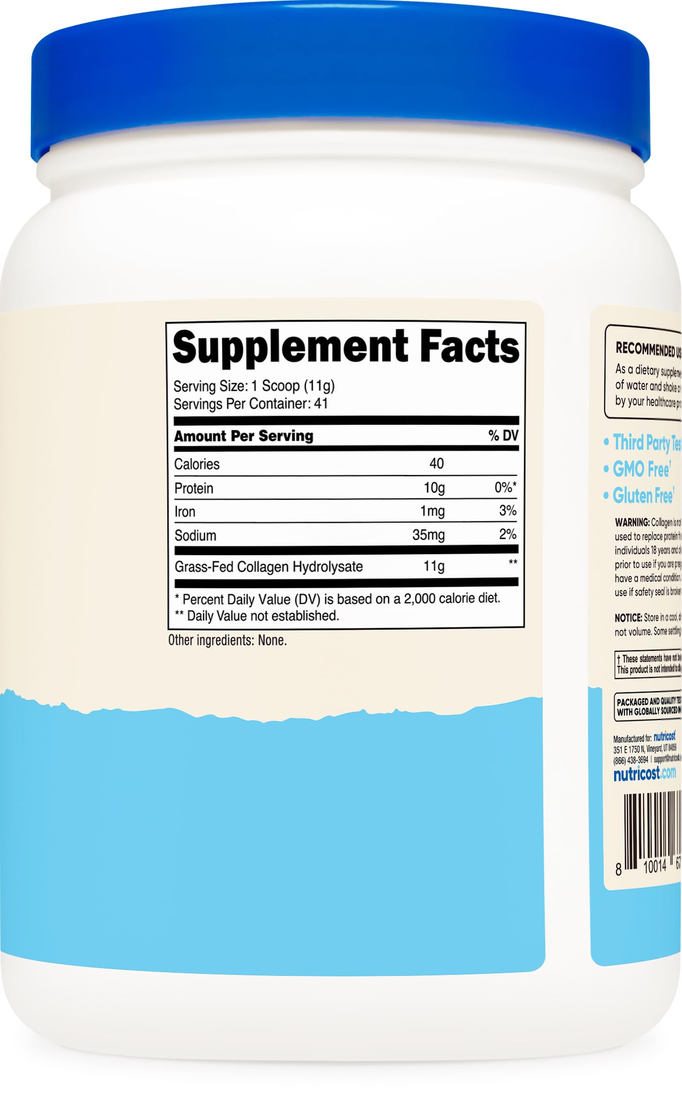 Nutricost collagen peptides powder near label emphasizes unflavored option for versatile recipes