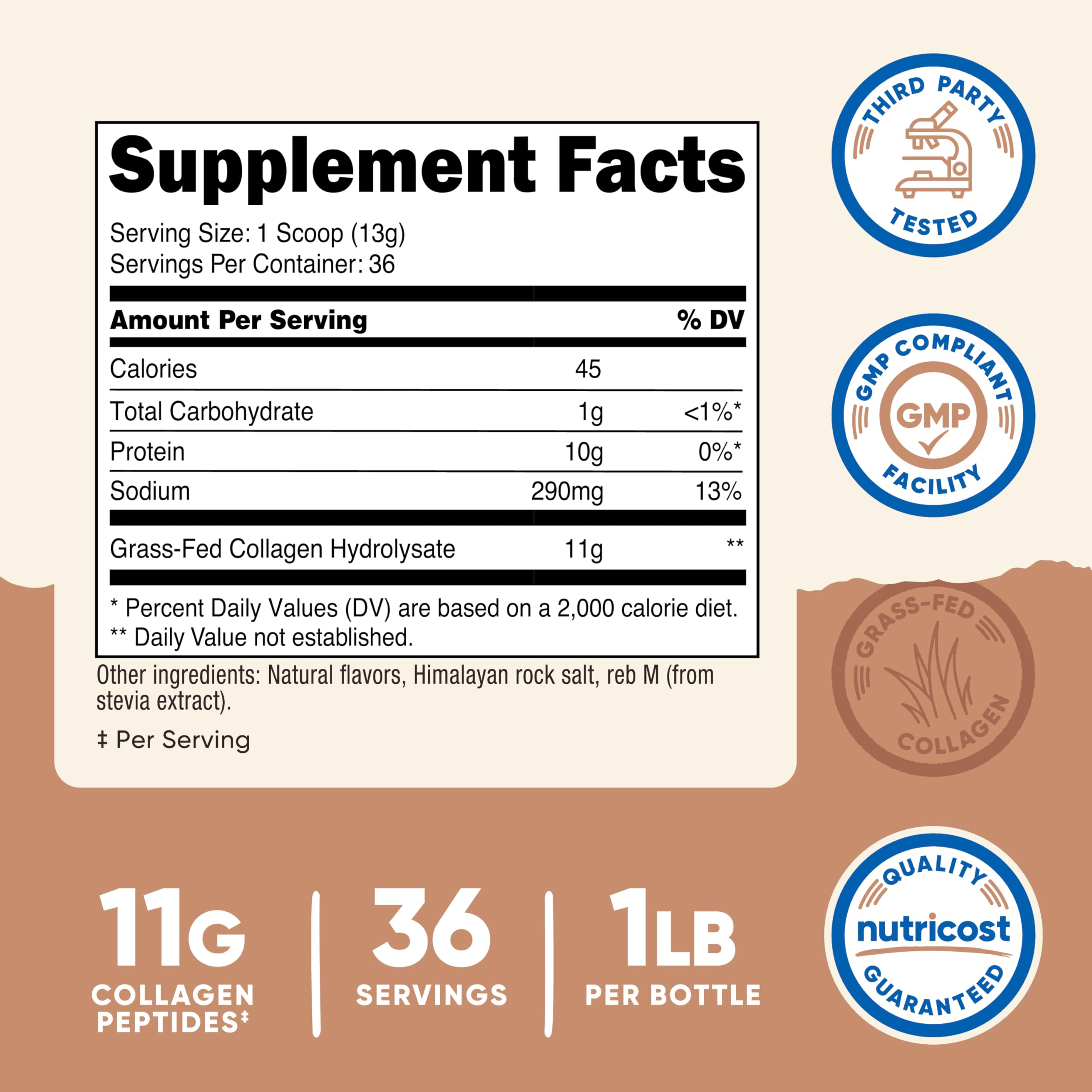 Nutricost label close-up highlighting grass-fed, non-GMO and gluten-free notes