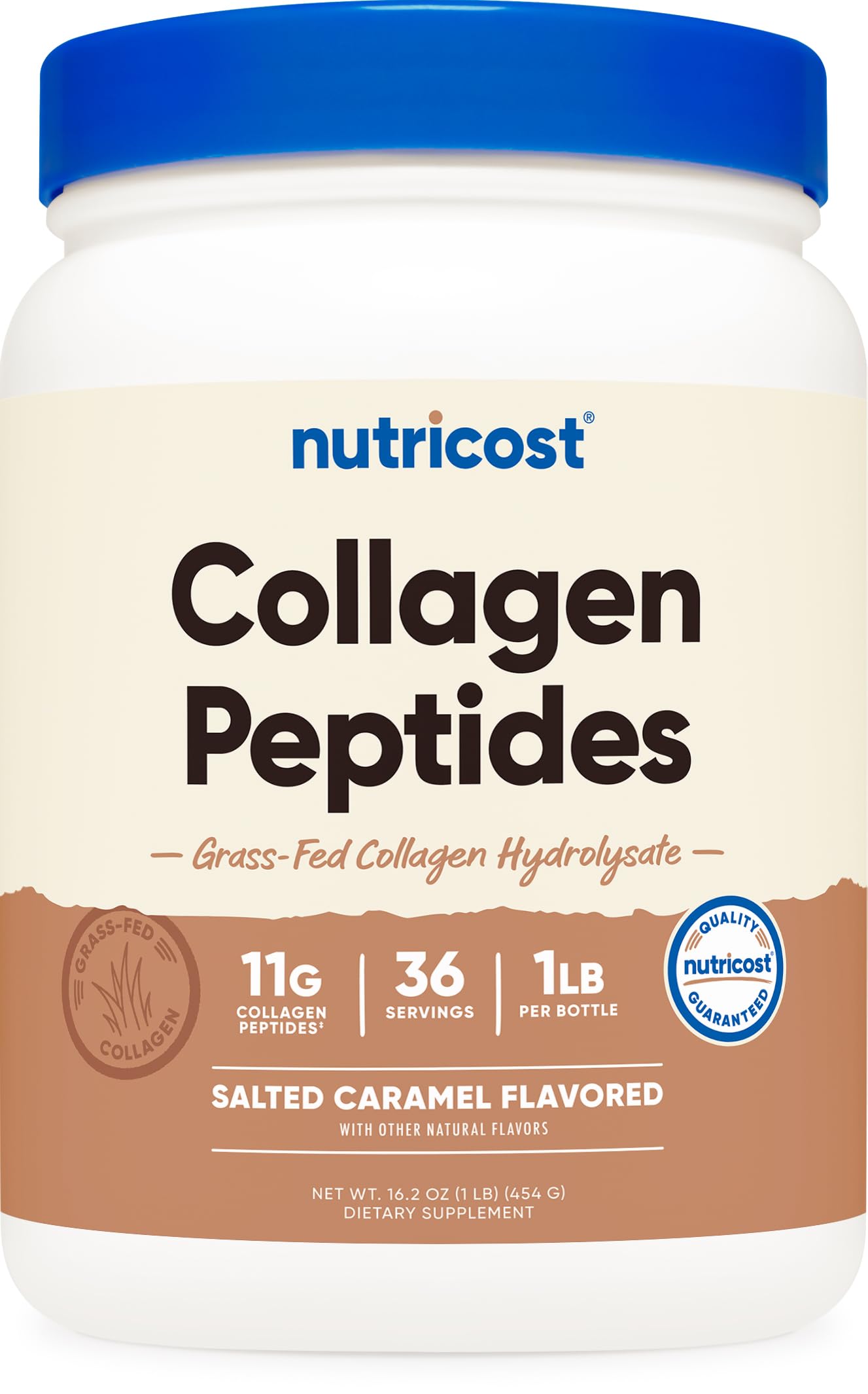 Nutricost Collagen Peptides Powder tub front with salted caramel flavor for daily use