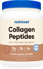 Nutricost Collagen Peptides Powder tub front with salted caramel flavor for daily use
