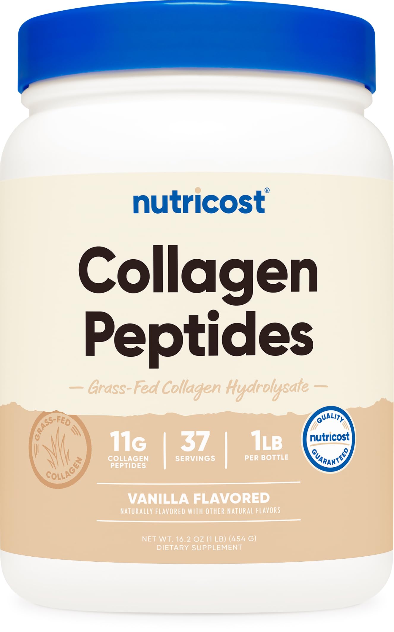 Nutricost Collagen Peptides Vanilla 1lb canister for easy daily mixing.