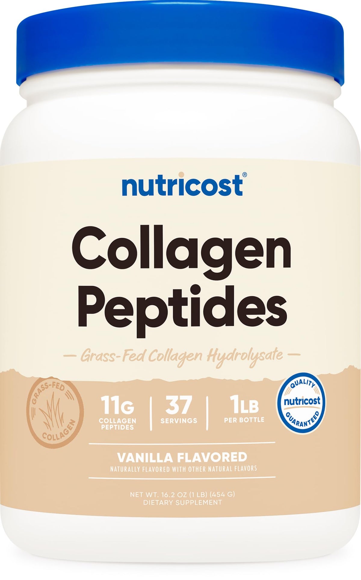 Nutricost Collagen Peptides Vanilla 1lb canister for easy daily mixing.