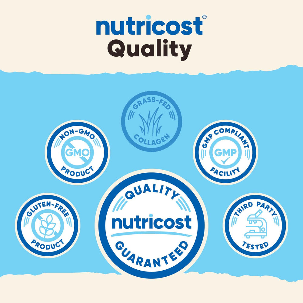 Nutricost Collagen Peptides Vanilla label shows non-GMO and gluten-free.
