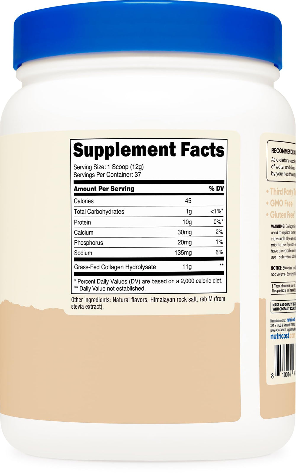 Nutricost Collagen Peptides Vanilla jar on counter with ingredients.