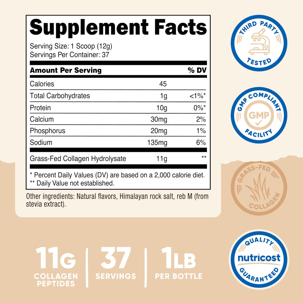 Nutricost Collagen Peptides Vanilla scoop in a glass with liquid.