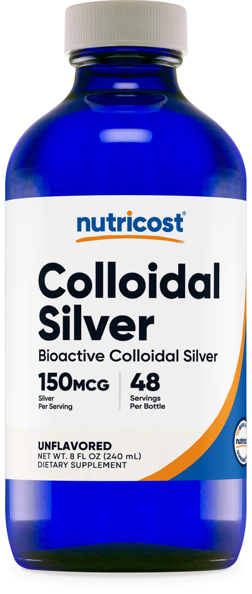 Nutricost Colloidal Silver 8oz bottle shows clear liquid in blue glass.