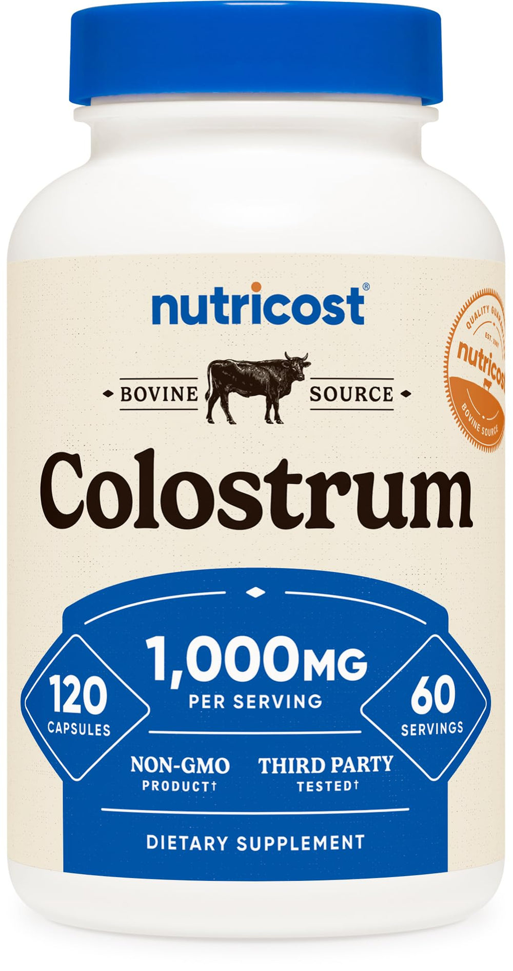 Nutricost Colostrum 1000mg bottle front for daily use and easy identification.