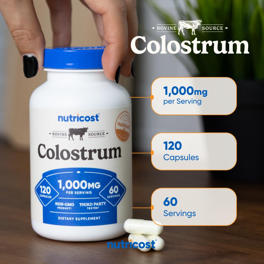 Gluten-free and non-GMO Nutricost Colostrum formula details on label.