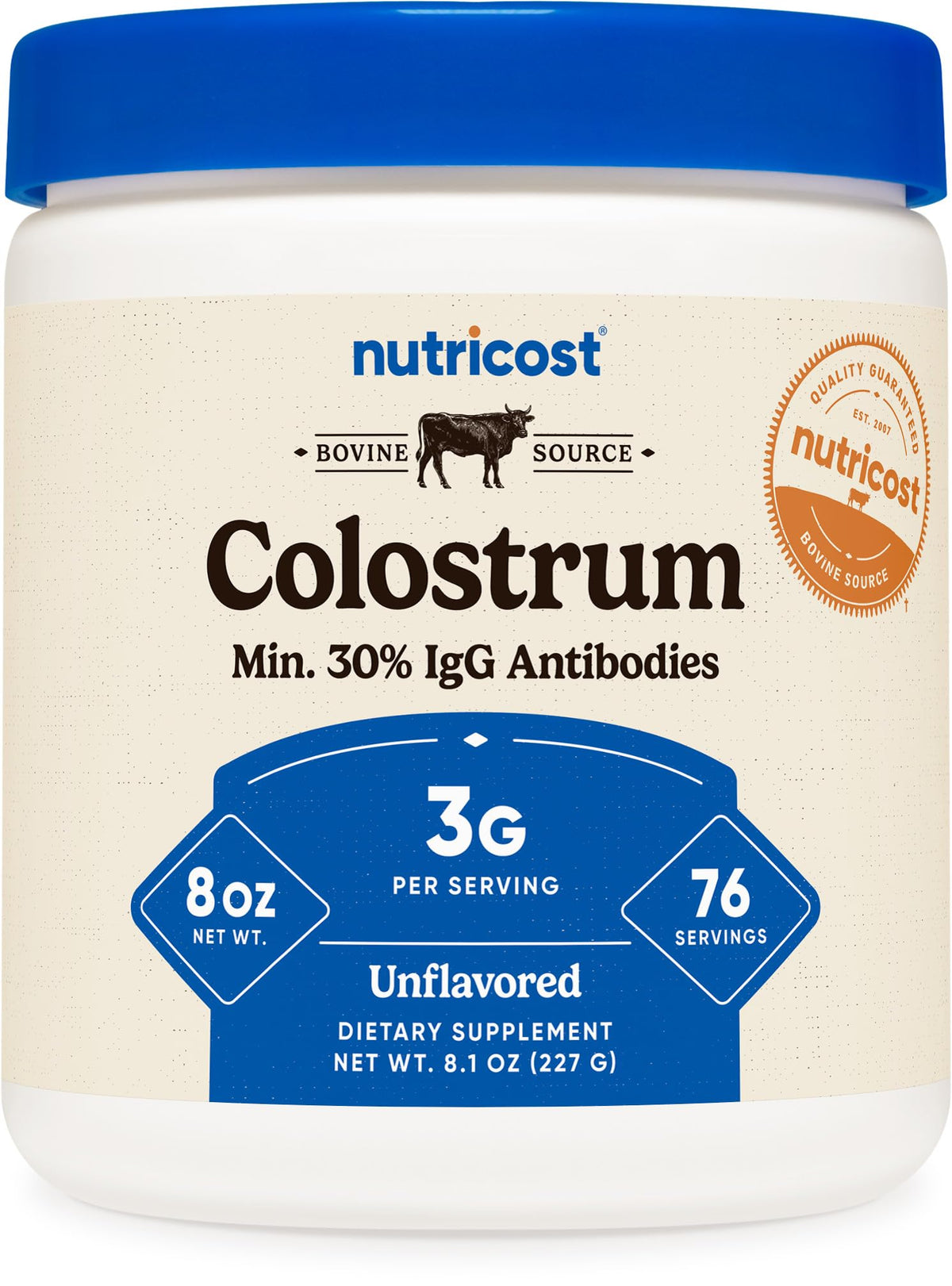Nutricost Colostrum Powder bottle front for daily gut and immune support.