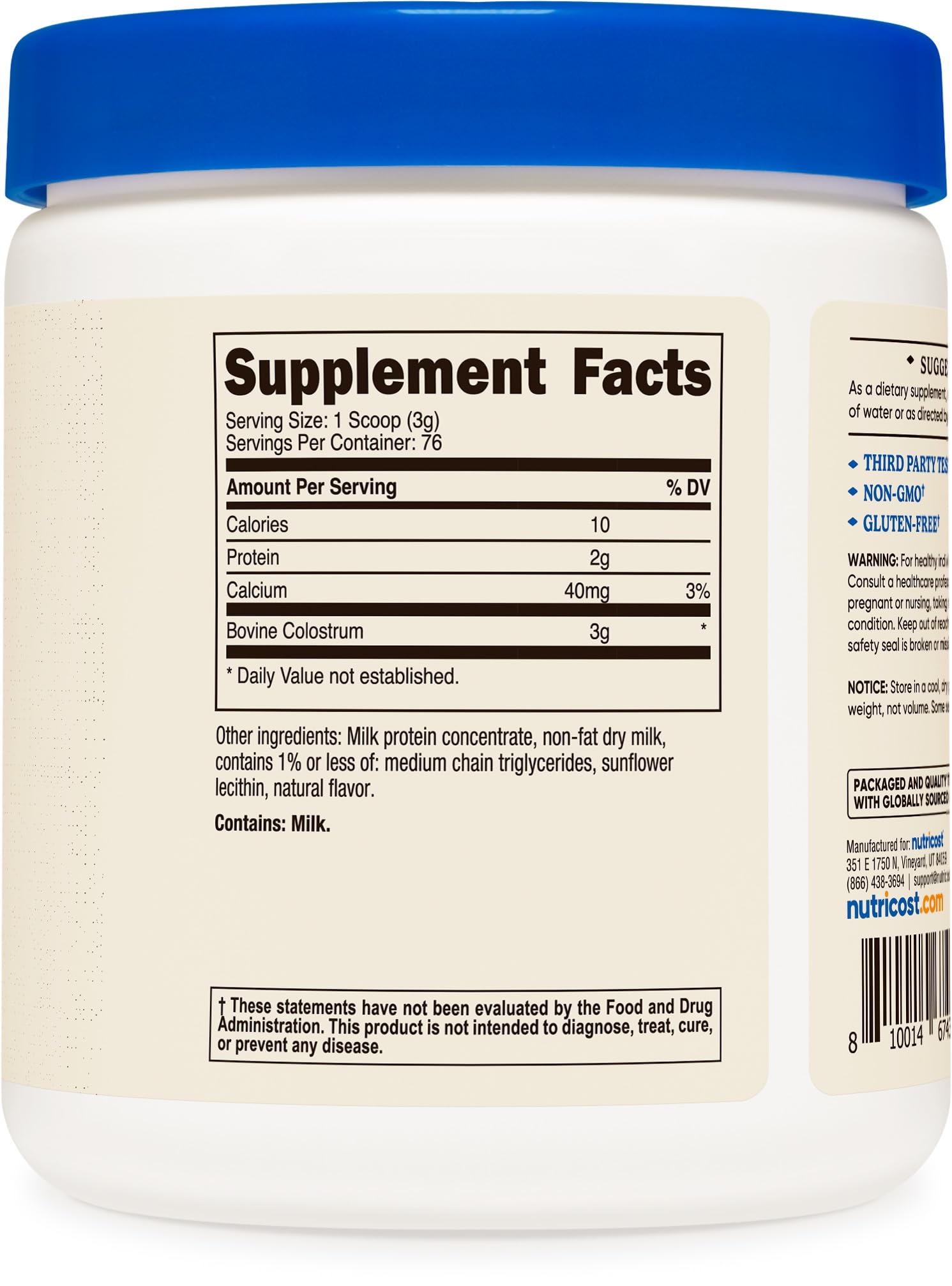 Nutricost Colostrum Powder packaging close-up highlighting non-GMO gluten-free notes.