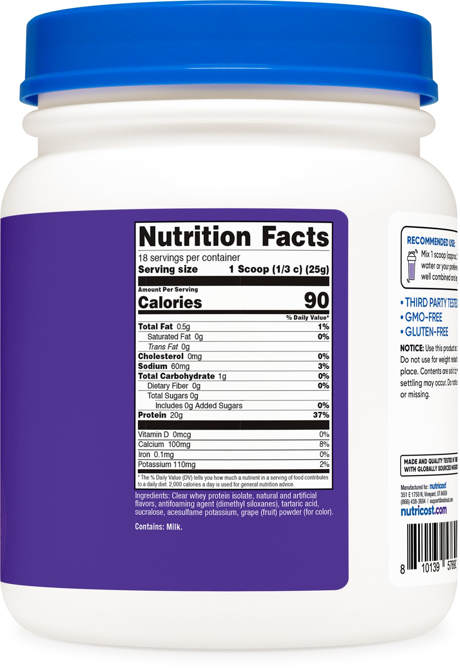 GMO-free, gluten-free Nutricost label signals clean ingredients for Concord Grape formula