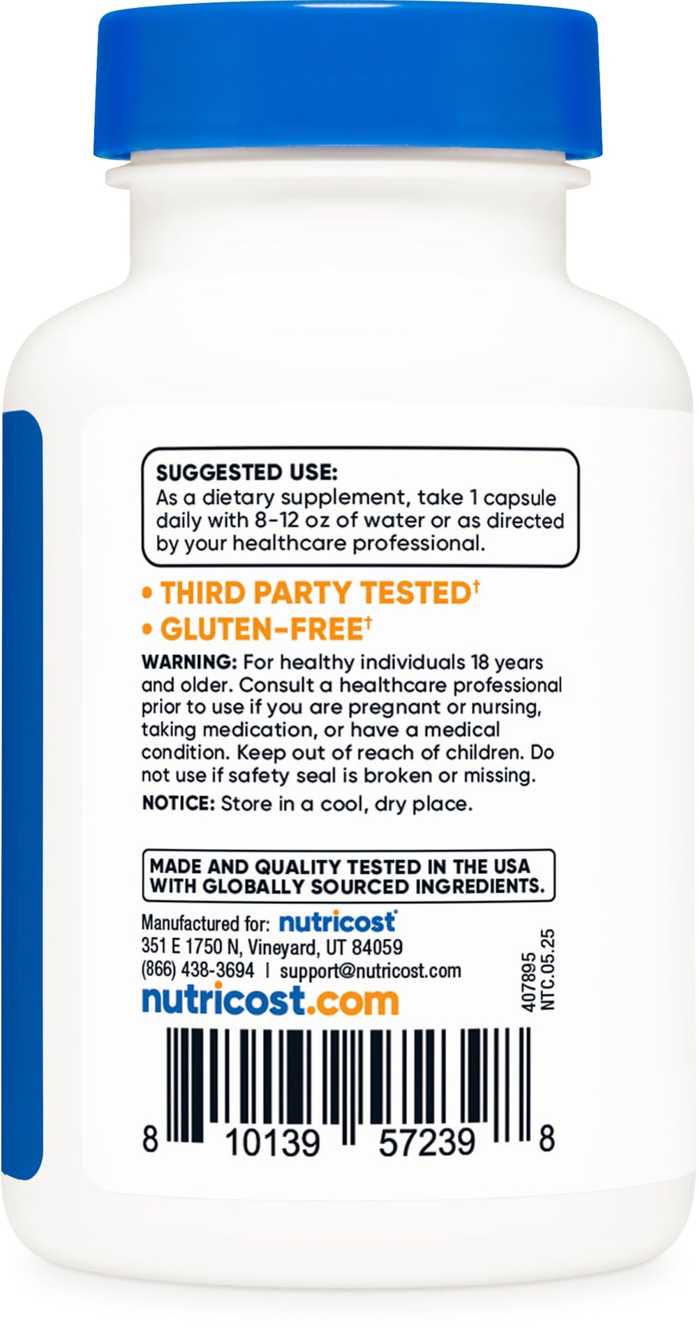 Nutricost packaging with third-party testing insignia indicating quality.
