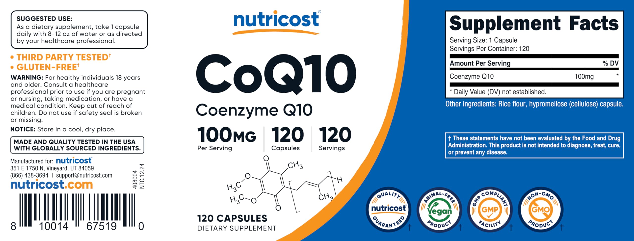 Nutricost CoQ10 packaging display with quality certifications visible