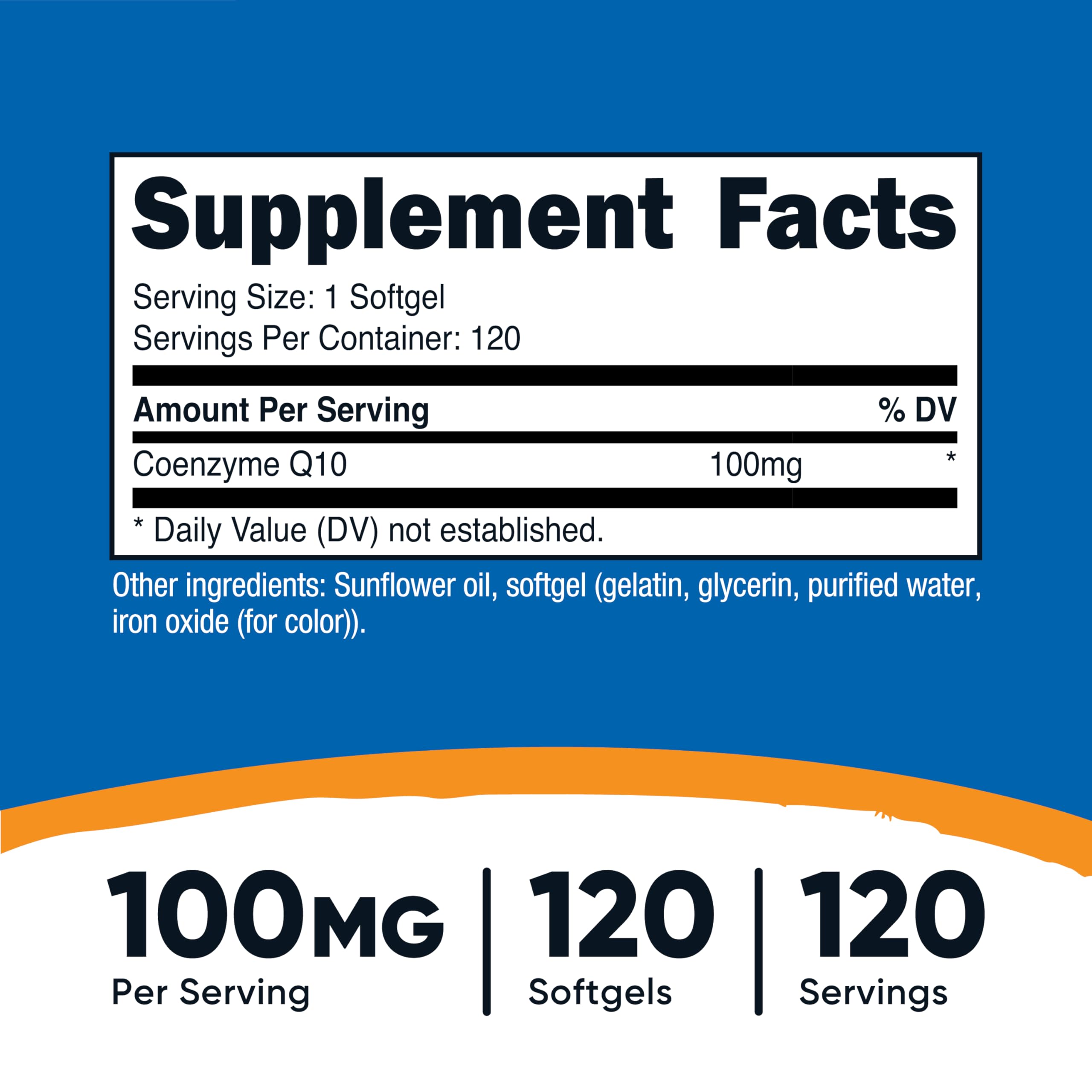 Nutricost CoQ10 Softgels bottle side highlighting compact daily supplement for routine.