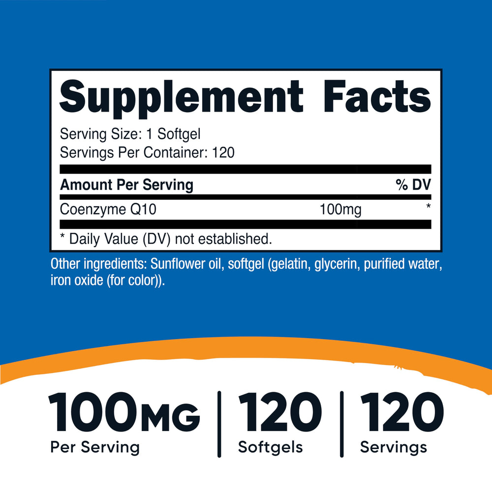 Nutricost CoQ10 Softgels bottle side highlighting compact daily supplement for routine.