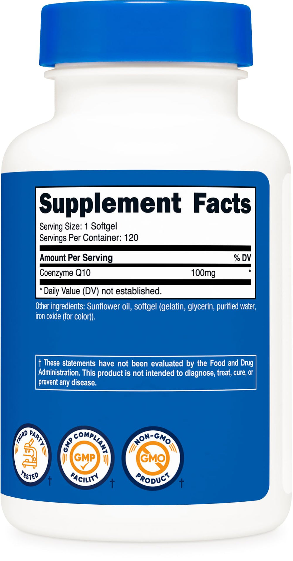Nutricost CoQ10 Softgels label closeup emphasizing quality and purity standards.