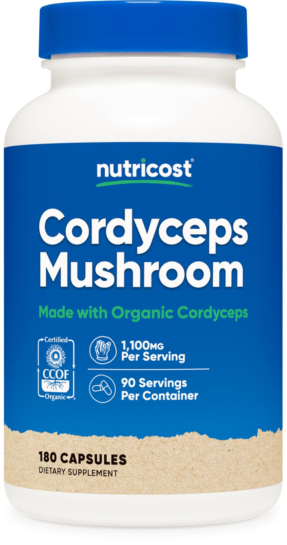 Nutricost Cordyceps bottle front with organic certification for a clean supplement.