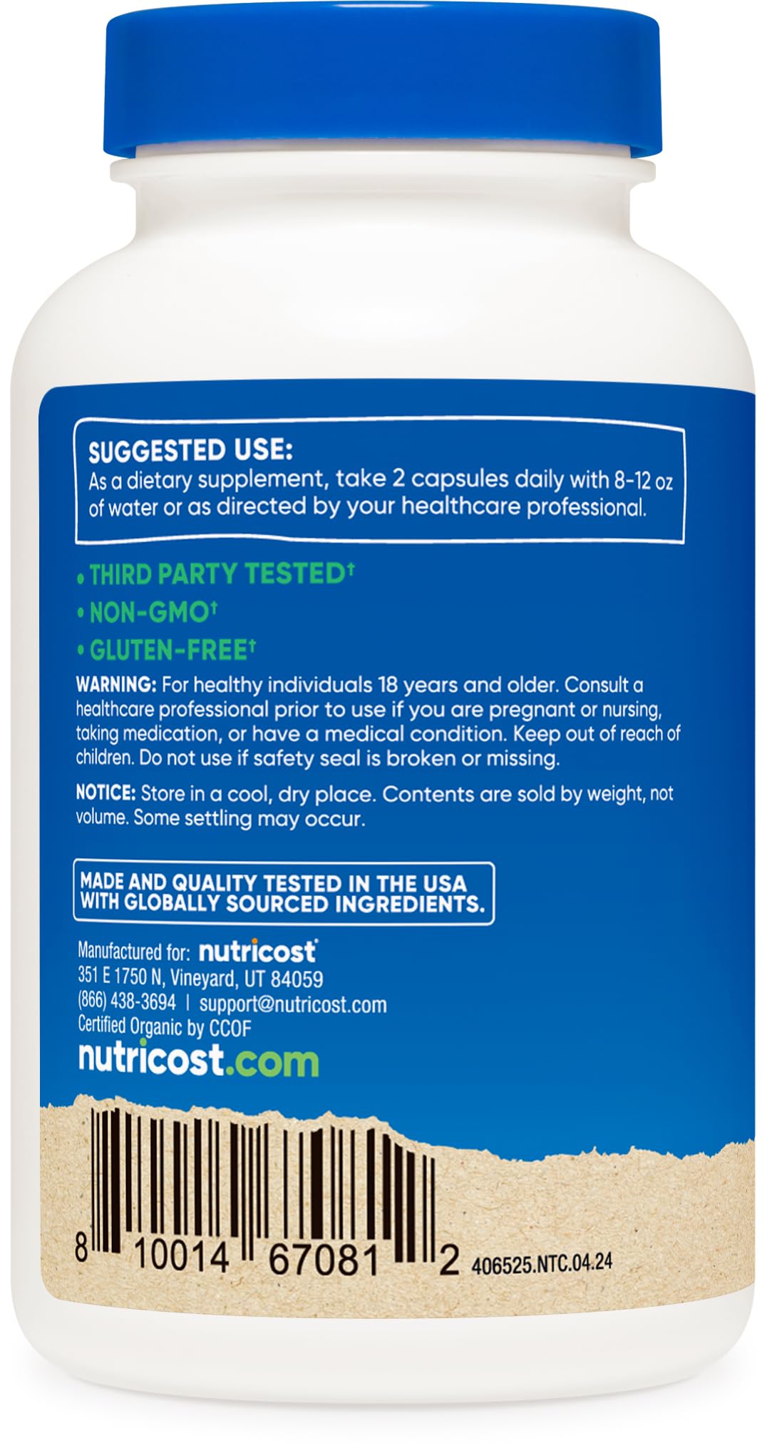 Nutricost Cordyceps bottle side panel notes GMP and FDA registration.