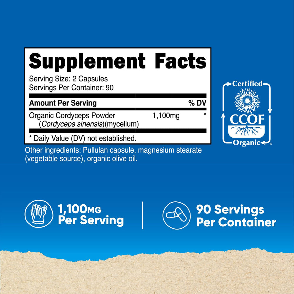 Nutricost Cordyceps capsules closeup for easy daily use.
