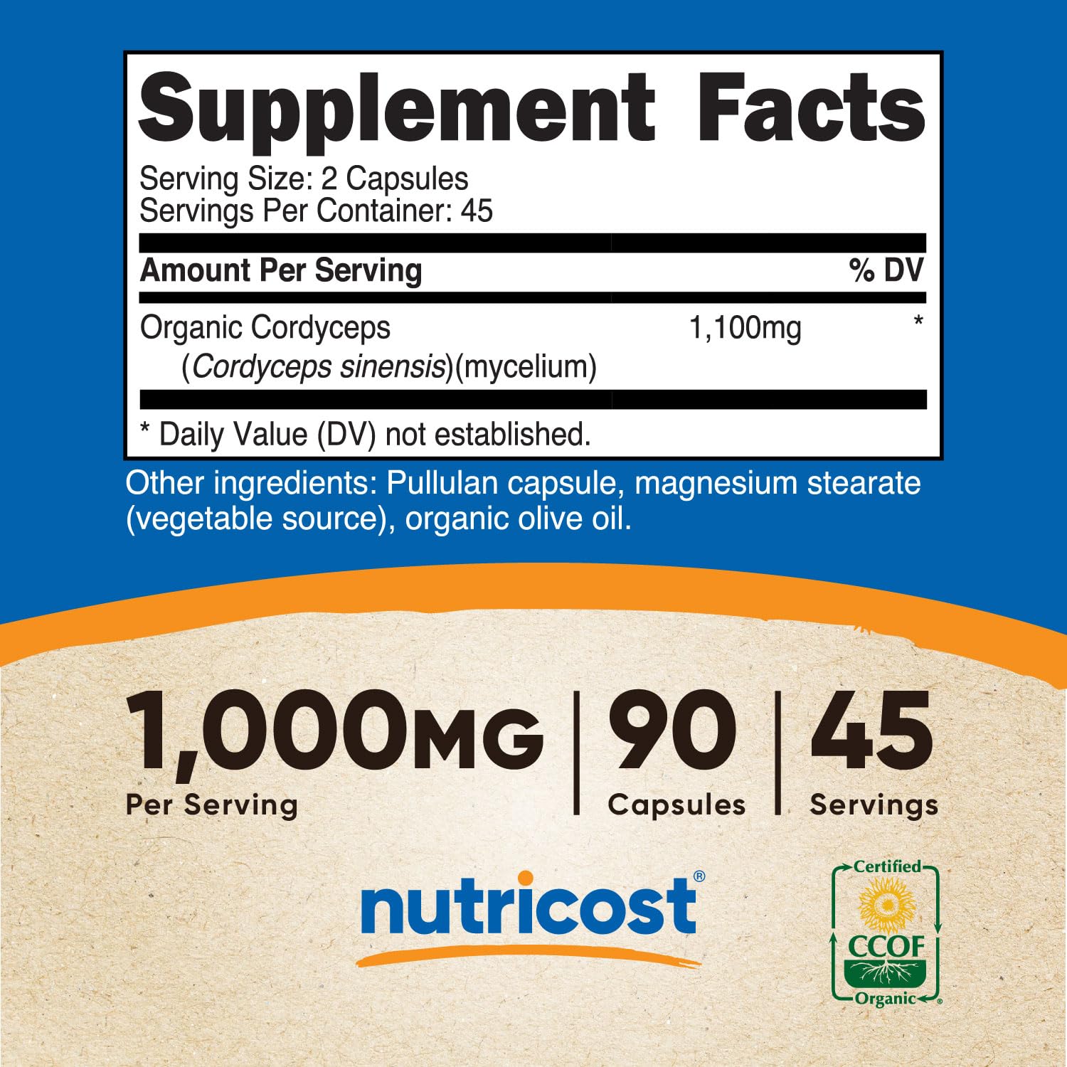 Nutricost Cordyceps capsules serving count of 45 servings per bottle for easy planning.