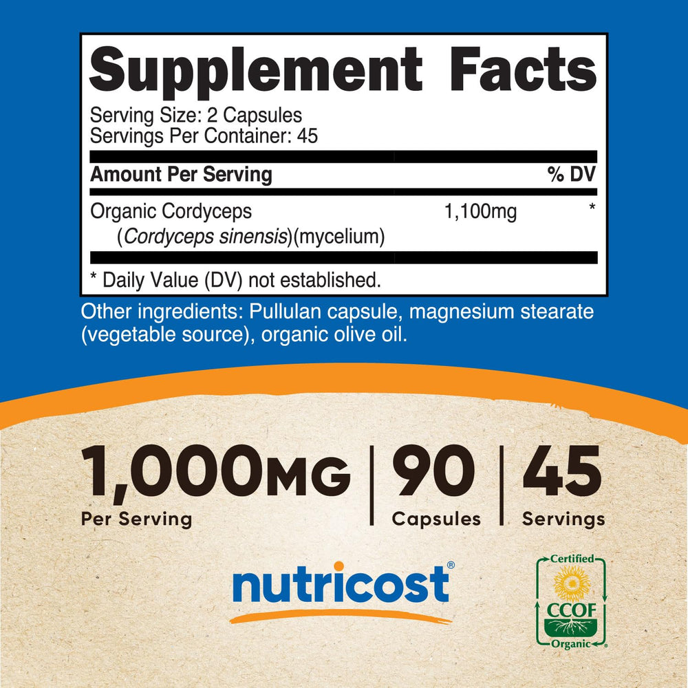 Nutricost Cordyceps capsules serving count of 45 servings per bottle for easy planning.