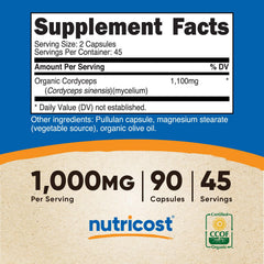 Nutricost Cordyceps capsules serving count of 45 servings per bottle for easy planning.