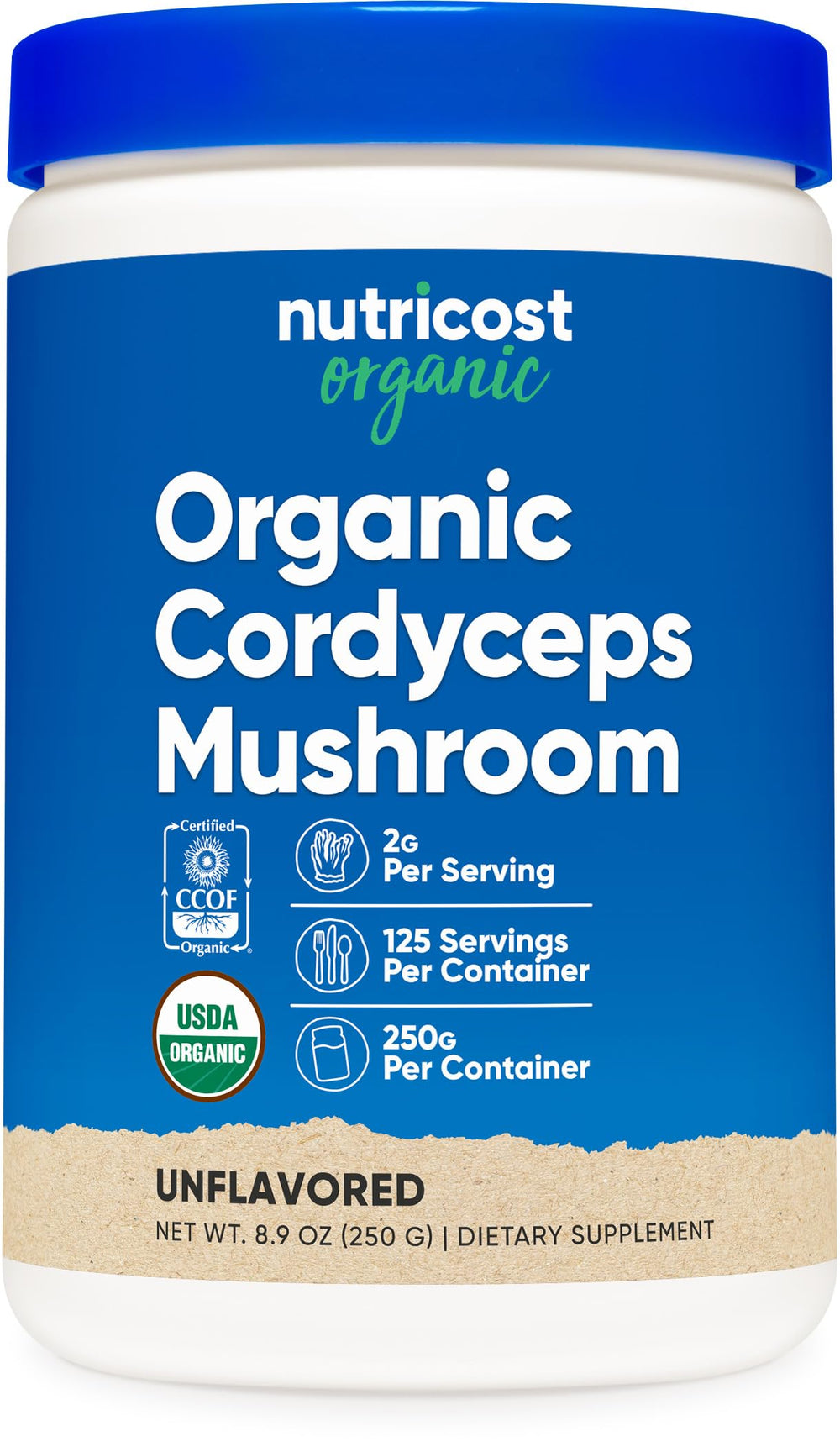 Nutricost Cordyceps powder bottle highlighting organic certification for trust.