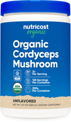 Nutricost Cordyceps powder bottle highlighting organic certification for trust.