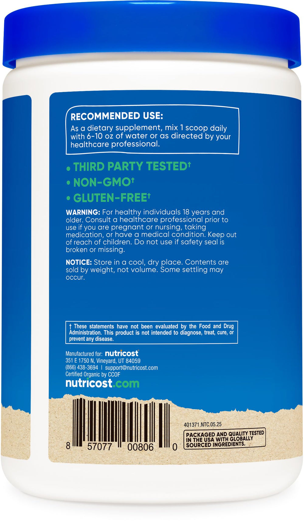 Nutricost Cordyceps powder label displays USDA Organic and non-GMO seals.