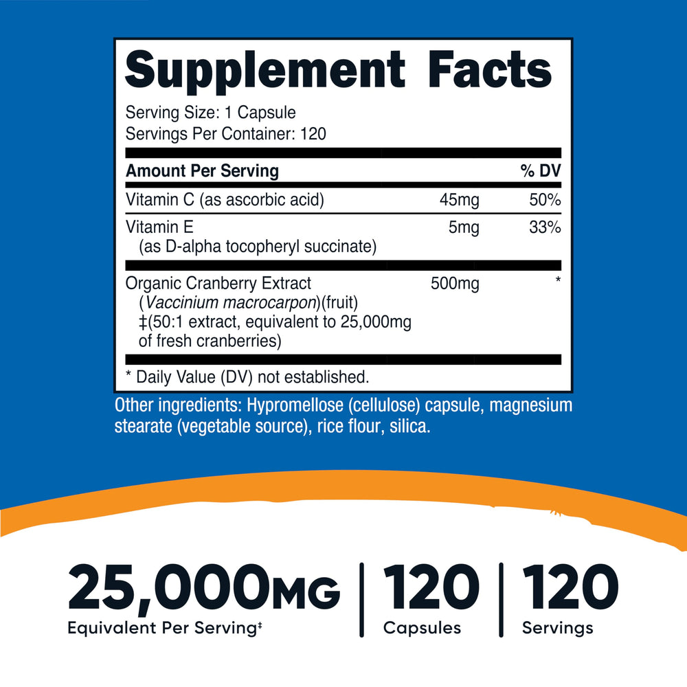 Nutricost Cranberry Extract label closeup showing vitamin C and vitamin E.