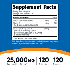 Nutricost Cranberry Extract label closeup showing vitamin C and vitamin E.