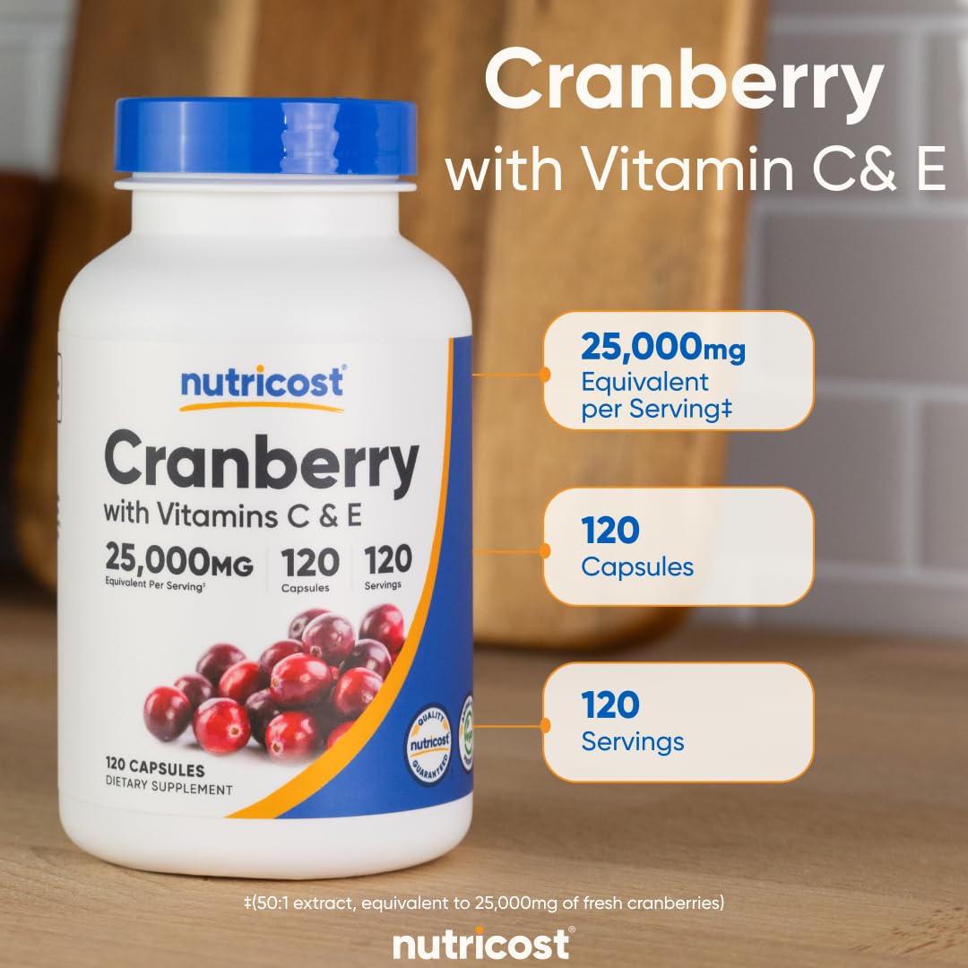 Nutricost Cranberry Extract non-GMO symbol emphasizes clean ingredients.