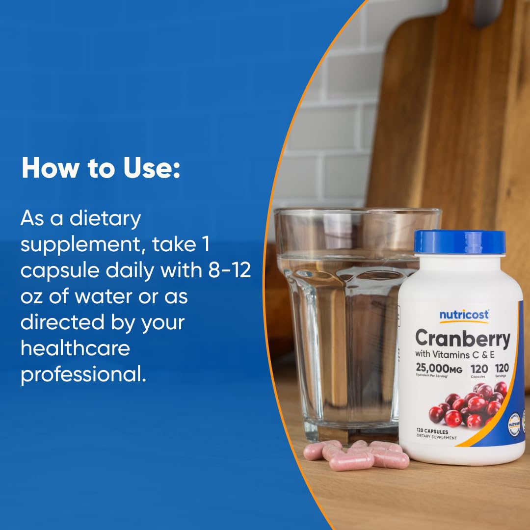 Nutricost Cranberry Extract 120 capsules bottle indicates long-term supply.