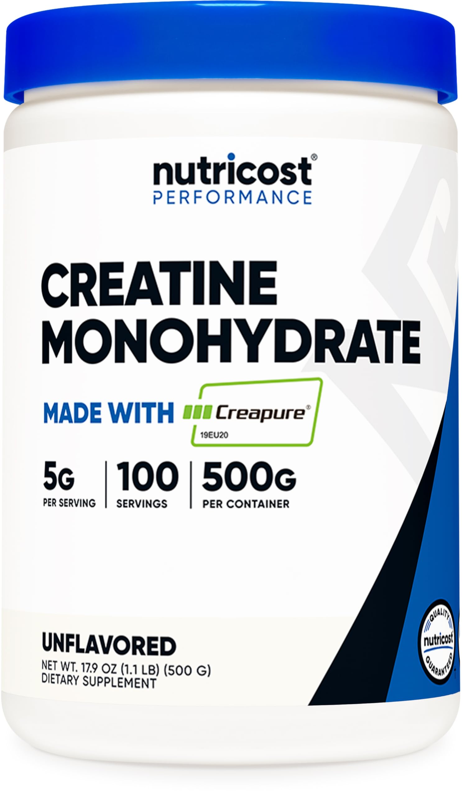 Nutricost Creapure Creatine bottle closeup, signaling purity for reliable workout support.