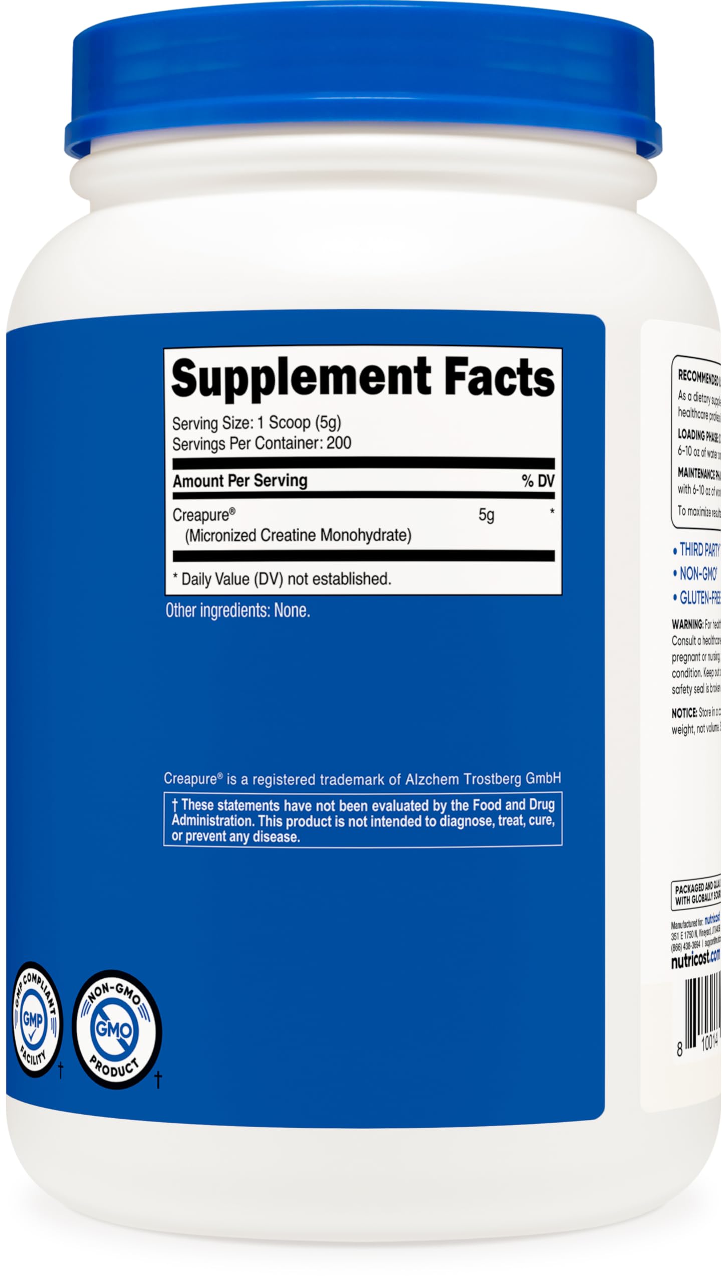 Nutricost Creapure label close-up showing 1 kg purity.