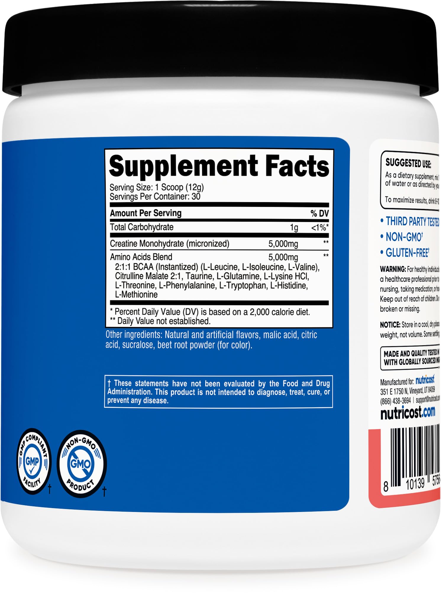 Nutricost Creatine + Aminos container with 30 servings on label