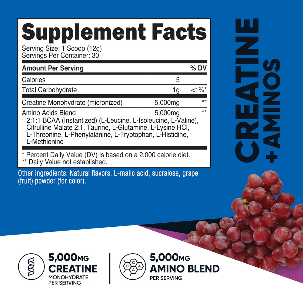 Nutricost Creatine + Aminos grape bottle pour showing quick-dissolve powder in water