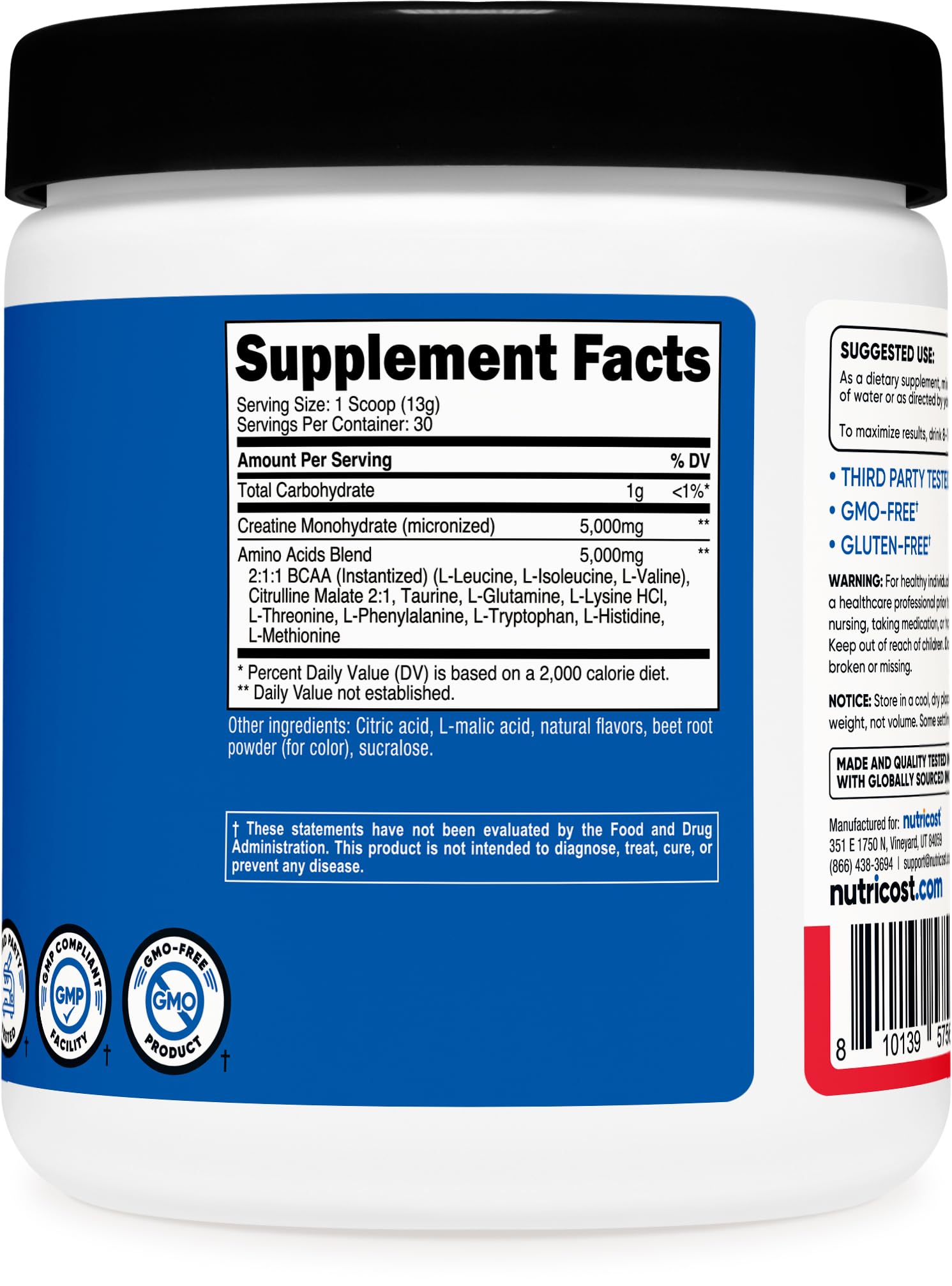 Nutricost Creatine + Aminos ingredients panel for transparency.