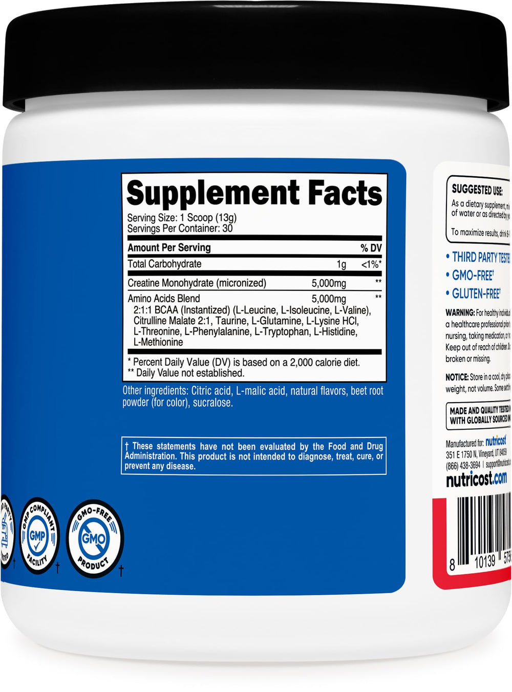 Nutricost Creatine + Aminos ingredients panel for transparency.