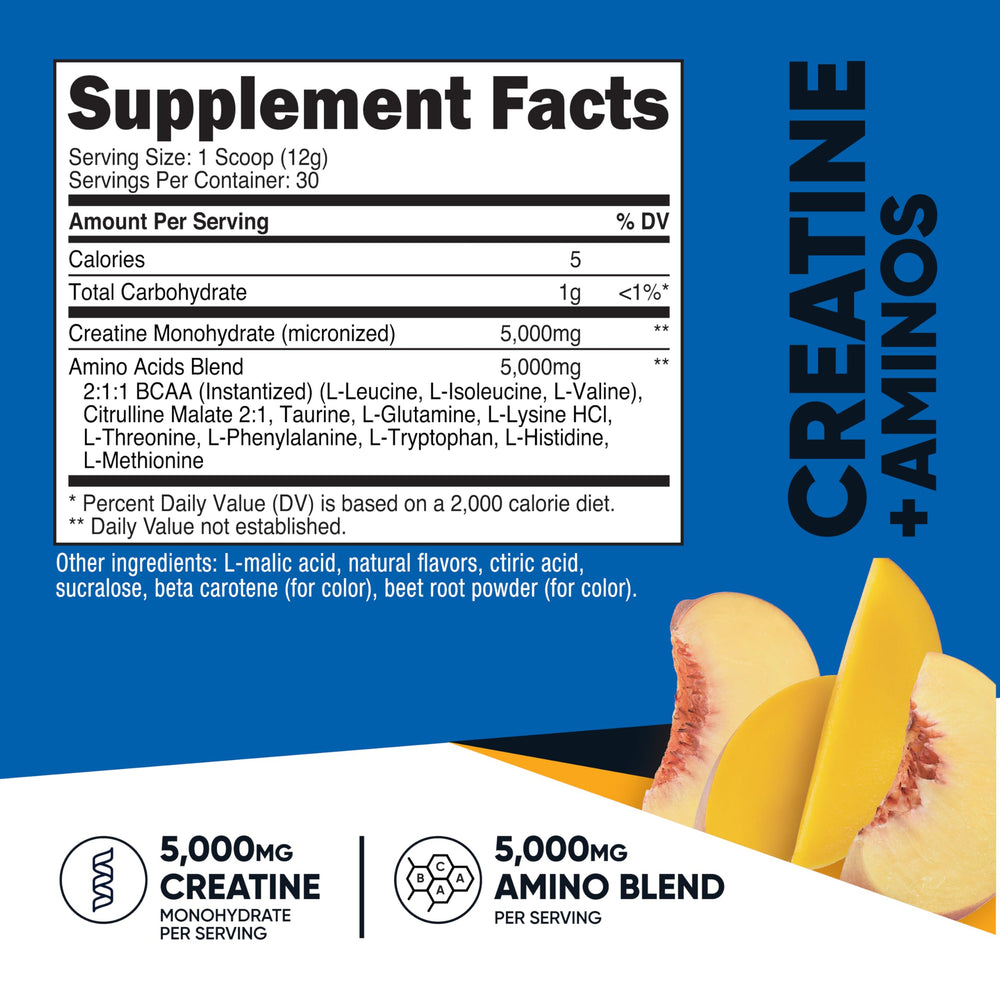 Nutricost Creatine + Aminos label showing 5,000 mg creatine and 5,000 mg amino blend per serving.