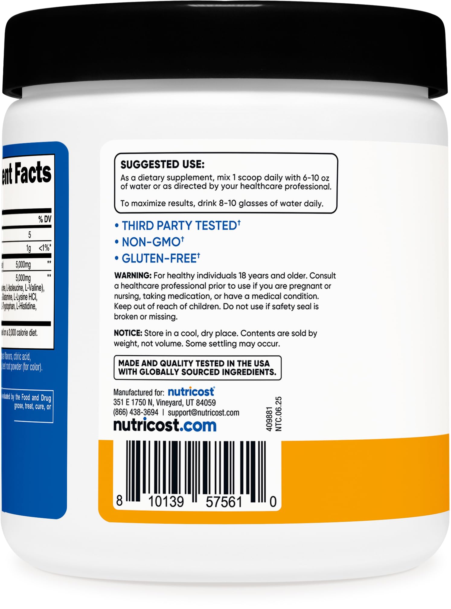 Nutricost peach mango powder dissolving in water for a refreshing workout drink.