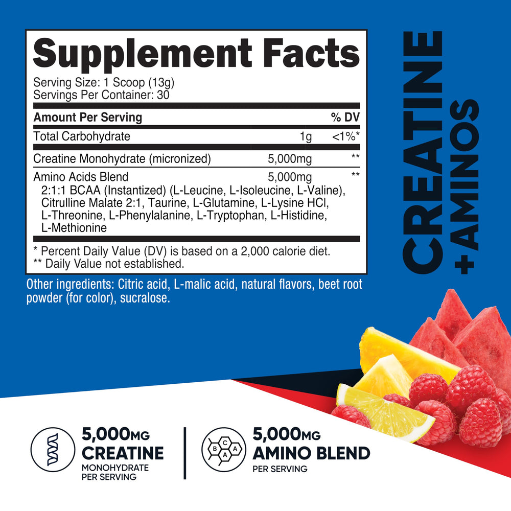 Nutricost Creatine + Aminos powder with measuring scoop ready to mix.