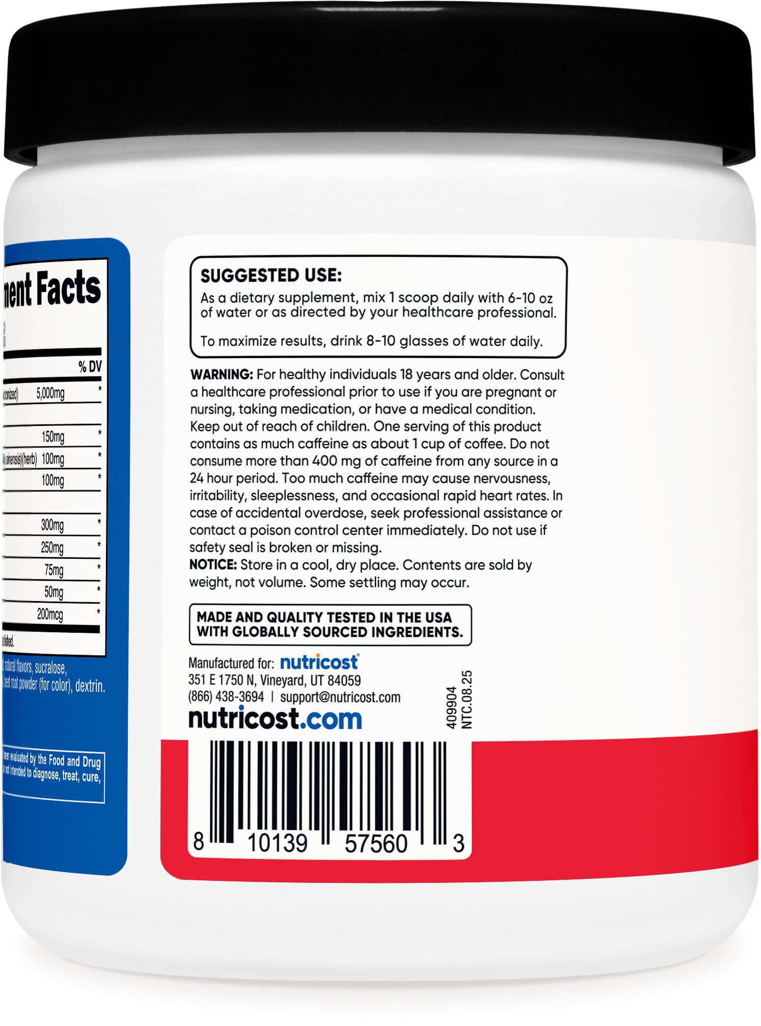 Nutricost Creatine Energy fruit punch label close-up highlighting GMO free vegan formula