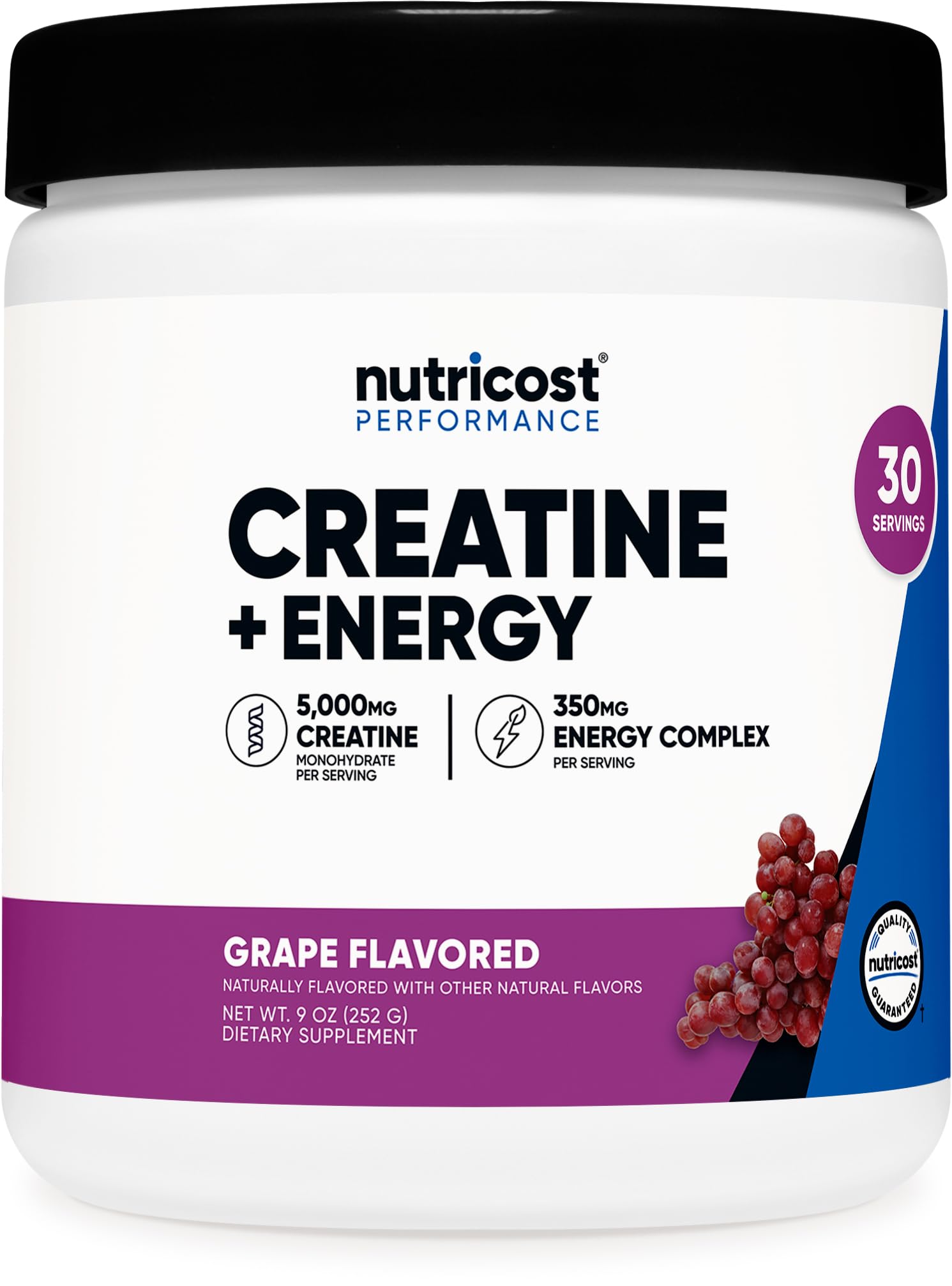 Nutricost Creatine Energy grape bottle displaying dosage label for daily workouts.