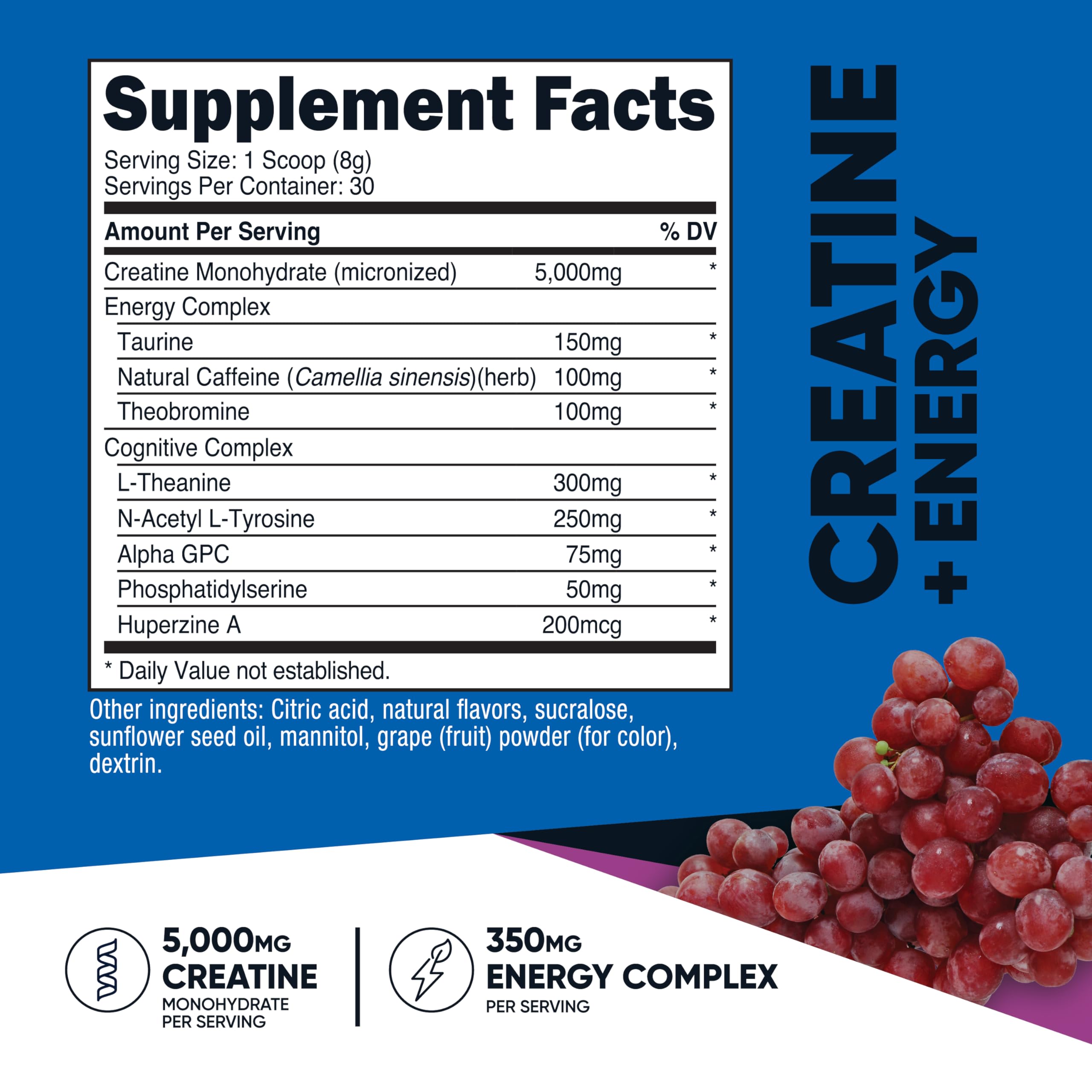 Nutricost Creatine Energy grape powder jar highlights flavor and serving size.