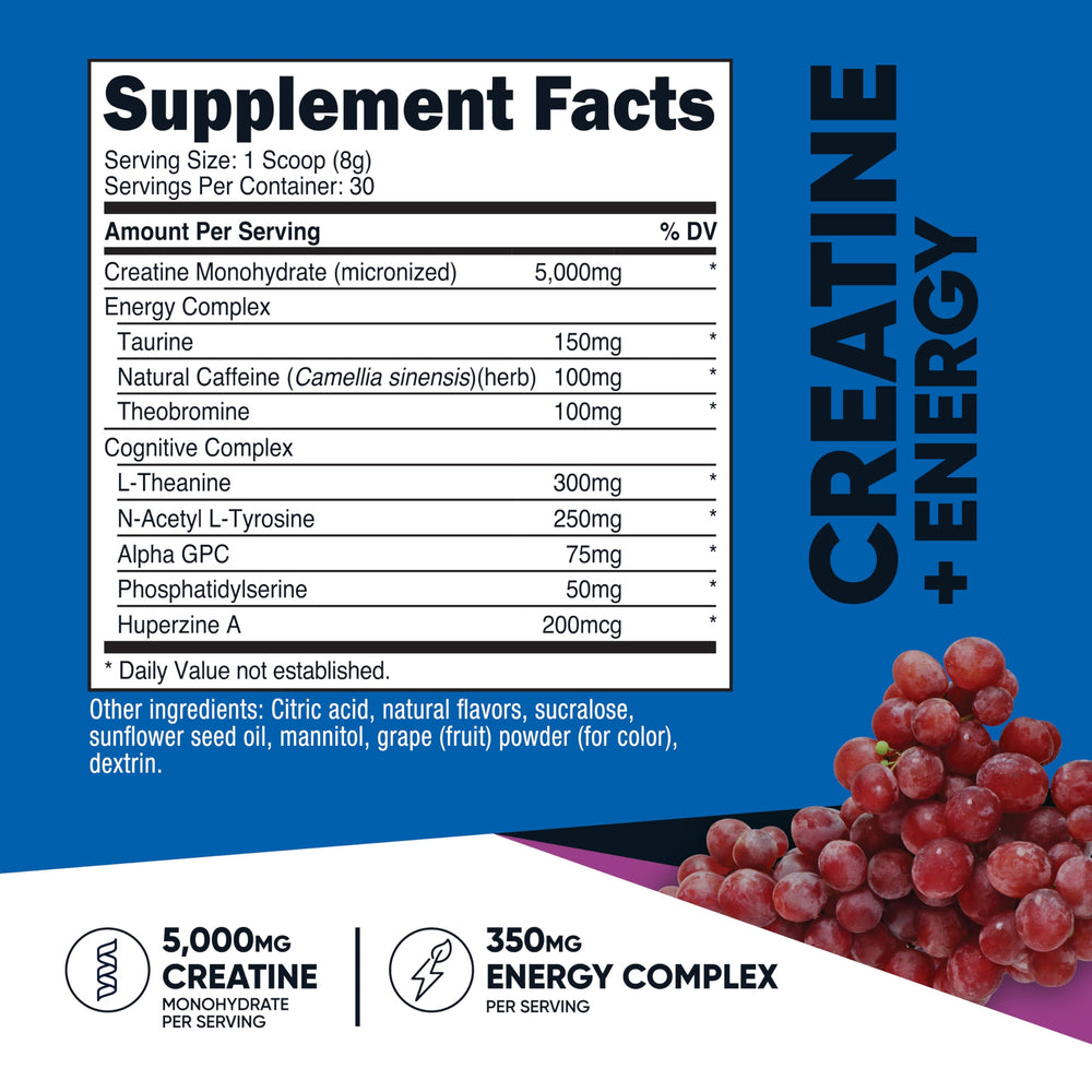 Nutricost Creatine Energy grape powder jar highlights flavor and serving size.
