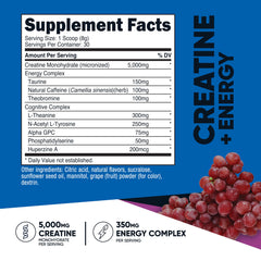 Nutricost Creatine Energy grape powder jar highlights flavor and serving size.